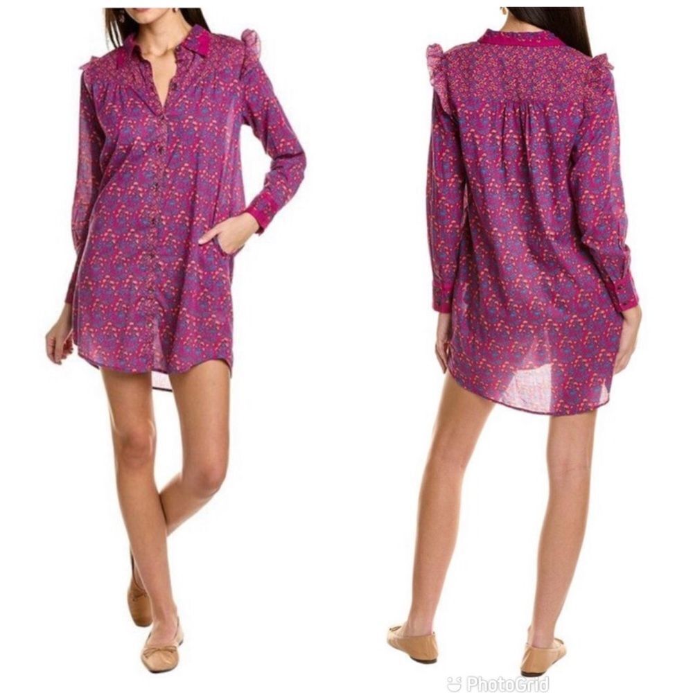 ROLLER RABBIT Darya Purple Floral Cotton Shirt Dress Button Front Size Small New